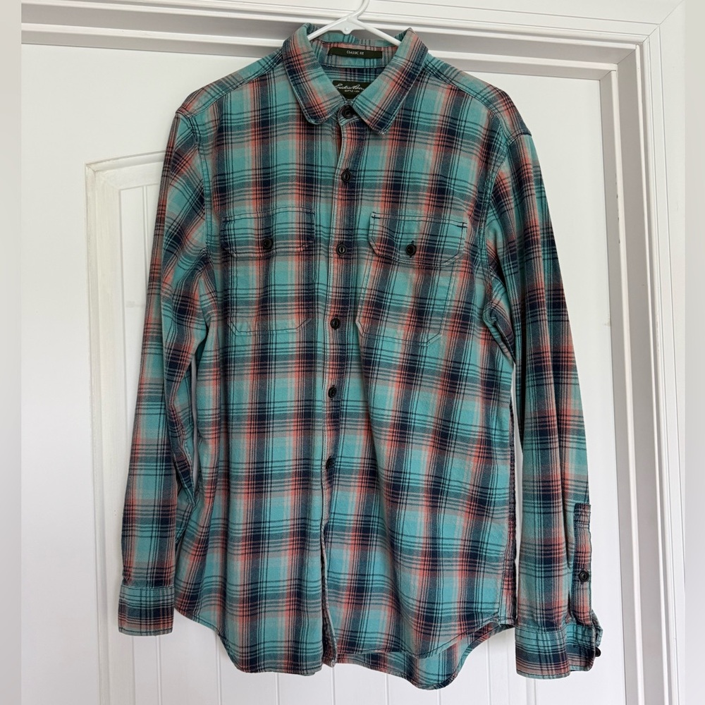Eddie Bauer Teal and Black Plaid Long-Sleeve Button-Down Shirt